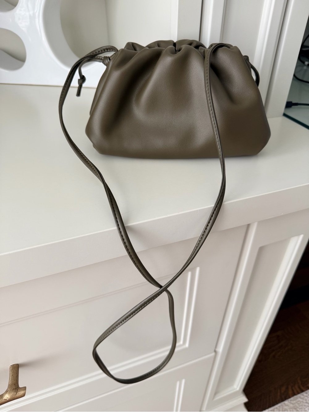 Small Dumpling Shaped Clutch Crossbody Bag Purse Leather Blend Olive Green